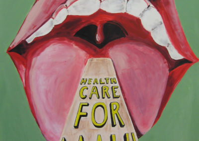 Open mouth with Health Care for All message on its tongue.