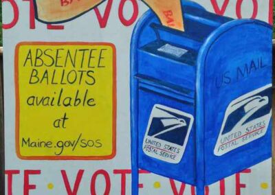 Blue Mail Drop Box with ballots floating into it