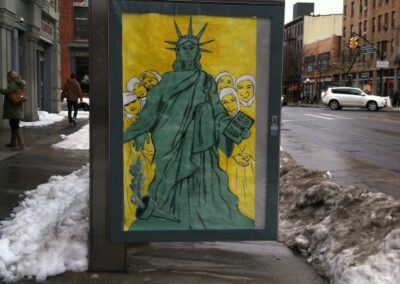 an ad box on a city street with lady liberty and immigrants