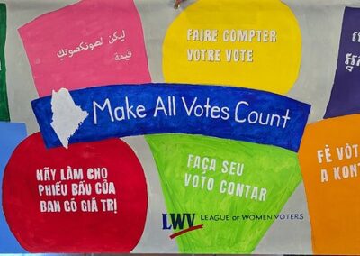 Many languages cover the banner with a ribbon Make all Votes Count
