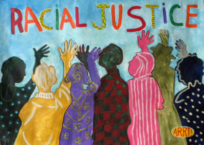 figures reach up toward the words Racial Justice in colorful letters