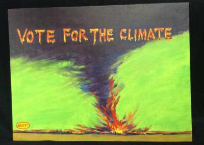 a green sky with fire and black smoke and words, Vote for the climate