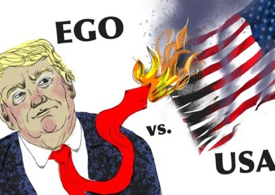 Face of Trump with tie on fire and lighting the American flag. EGO vs USA