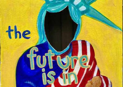 Lady liberty holding a child has a hole to allow a person's face to peer through, VOTE