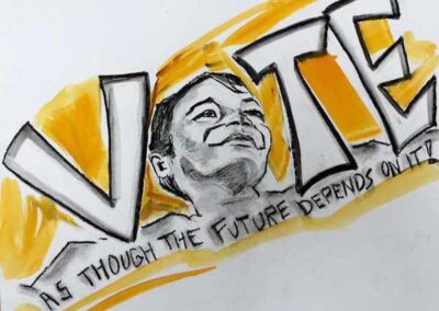 Vote in bold letters with a childs face instead of an O