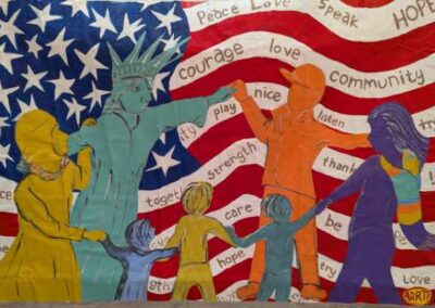 Lady liberty joins hands with community members n front of a giant American Flag.