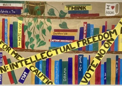 Library shelves and blocked off with yello tape with sayings, vote - intellectual freedom at stake