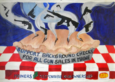 A pie with guns rising out of it. support background checks for all gun sales in Maine is written over a red and white check cloth