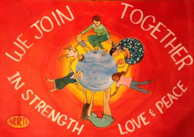 Orange sign with people holding hands around the globe - join together in strength love and peace