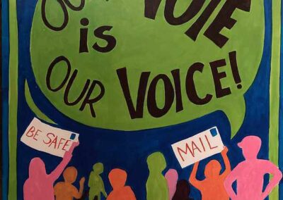Oou vote is our voice in voice bubble coming from a crowd of figures with mail in ballots