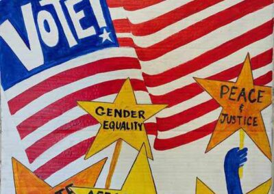 american flag with vote and stars with slogans on them